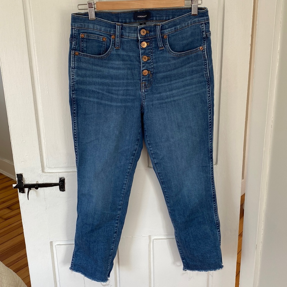 J. Crew High Rise Vintage Straight Cropped Button Fly Frayed Jeans